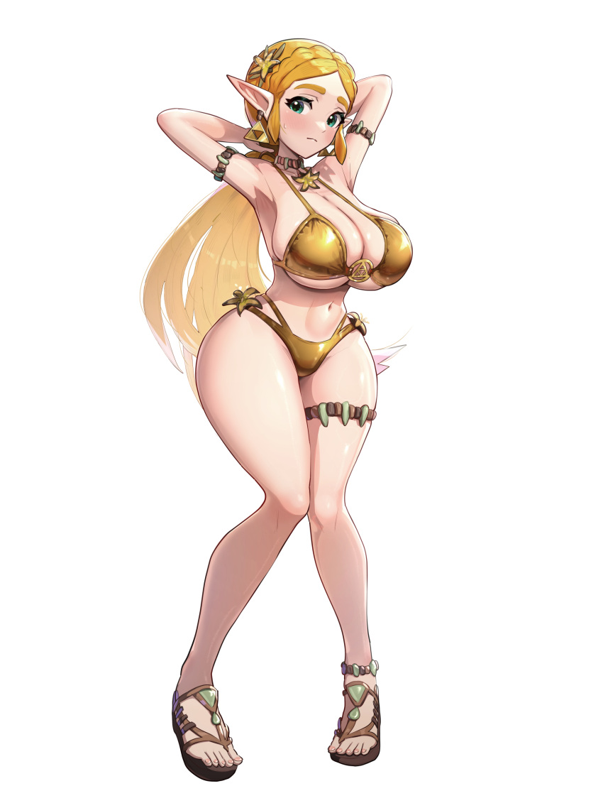 1girl 1girl absurd_res alluring alternate_costume armlet bare_shoulders big_breasts bikini blonde_hair blue_eyes braid breasts cleavage commentary_request crown_braid earrings flower_pendant gem gold_bikini gonzarez green_gem hair_ornament high_res jewelry long_hair looking_at_viewer midriff navel necklace nintendo pendant pointy_ears princess_zelda sandals sidelocks simple_background skindentation swimsuit the_legend_of_zelda the_legend_of_zelda:_tears_of_the_kingdom thigh_strap triforce white_background