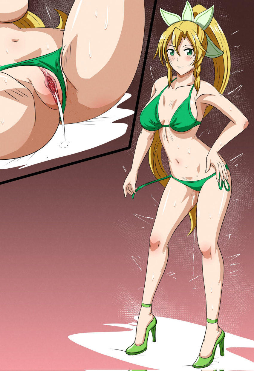 1girl 1girl alluring bikini blonde_hair breasts cum_in_pussy fuzzlogik green_bikini high_heels leafa light-skinned_female light_skin pointy_ears pussy sword_art_online