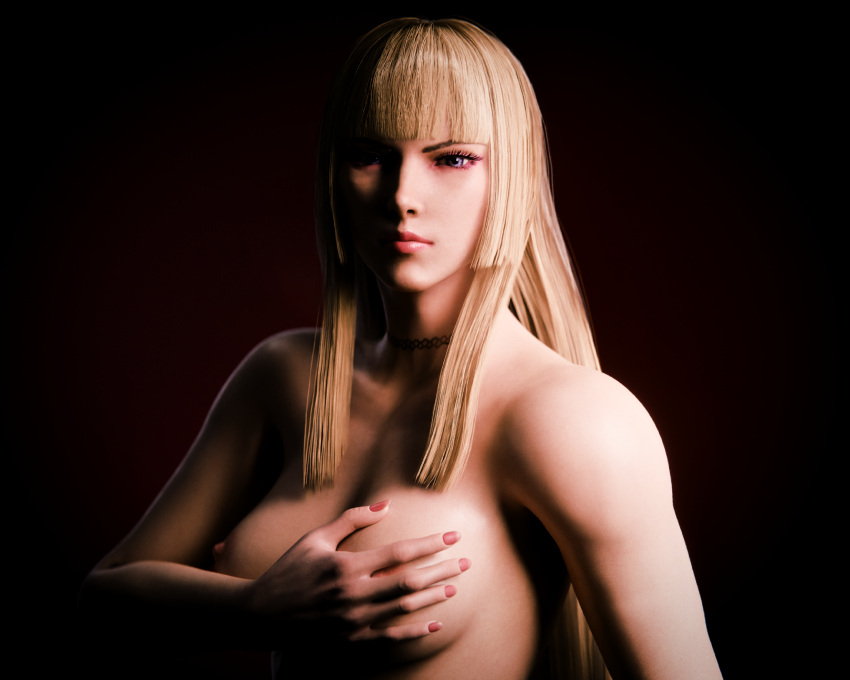 1girl 1girls 3d blender blonde_hair choker emilie_de_rochefort female_only forsavide hime_cut holding_breast long_hair looking_at_viewer medium_breasts namco nipples nude painted_nails portrait purple_eyes tekken tekken_8