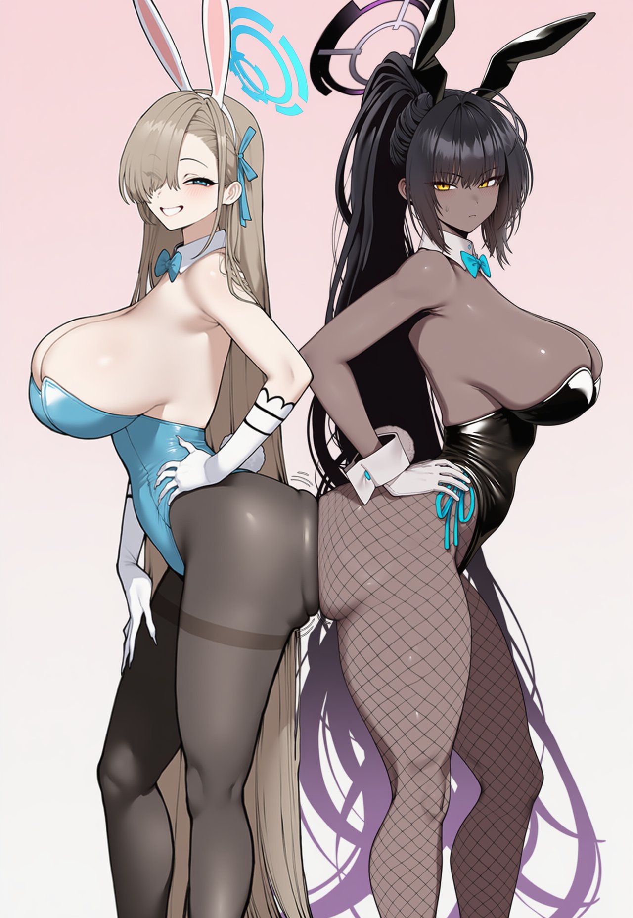 1girl 2_girls ai_generated ass asuna_(blue_archive) asuna_(bunny)_(blue_archive) asuna_(bunny_girl)_(blue_archive) big_ass black_hair blonde_hair blue_archive blush breasts bunny_ears bunny_girl bunny_tail bunnysuit dark-skinned_female dark_skin duo embarrassed female_only grin halo huge_ass huge_breasts karin_(blue_archive) karin_(bunny)_(blue_archive) karin_(bunny_girl)_(blue_archive) light-skinned_female light_skin long_hair looking_at_viewer multiple_girls smile smirk sweat sweatdrop thick_thighs thighs truck-kun_art yuri