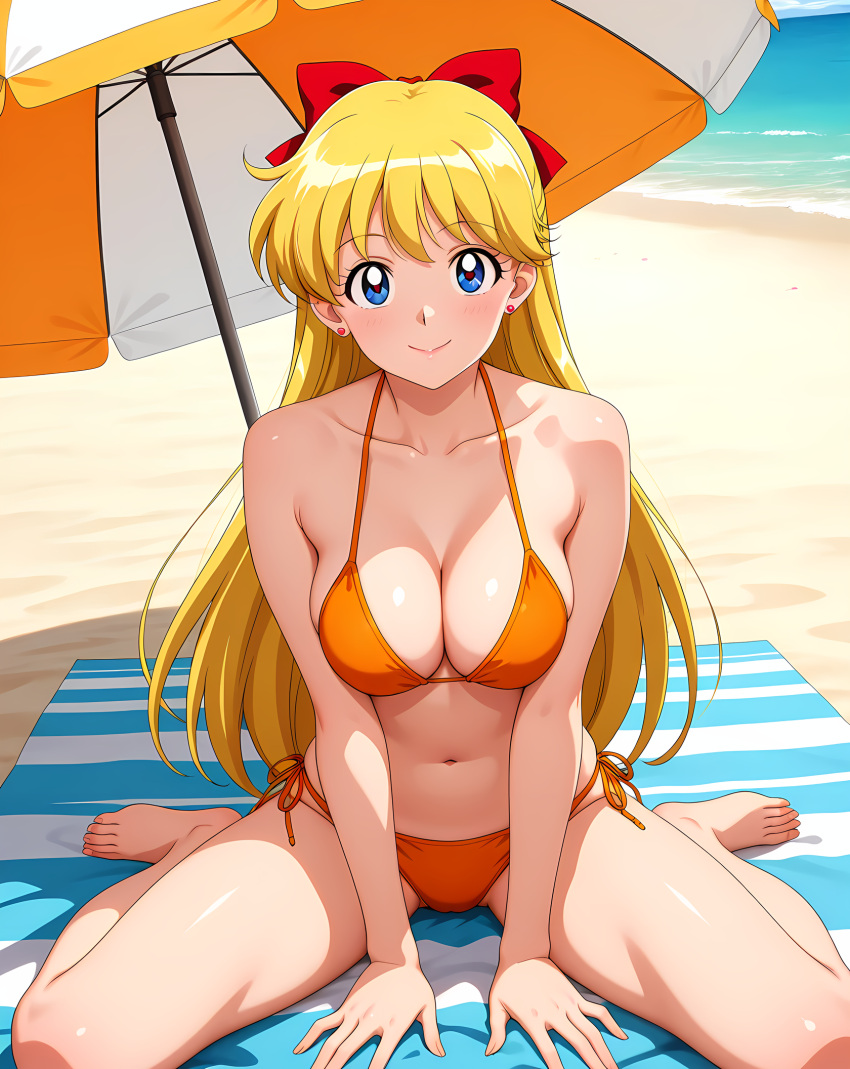 1girl adult_swim alluring beach beach_umbrella big_breasts bishoujo_senshi_sailor_moon bishoujo_senshi_sailor_moon_r bishoujo_senshi_sailor_moon_r_the_movie bishoujo_senshi_sailor_moon_s bishoujo_senshi_sailor_moon_s_the_movie bishoujo_senshi_sailor_moon_supers bishoujo_senshi_sailor_moon_supers_the_movie blonde_hair blue_eyes cleavage minako_aino ocean on_beach_towel pin_up thedaeron toei_animation toonami viz_media