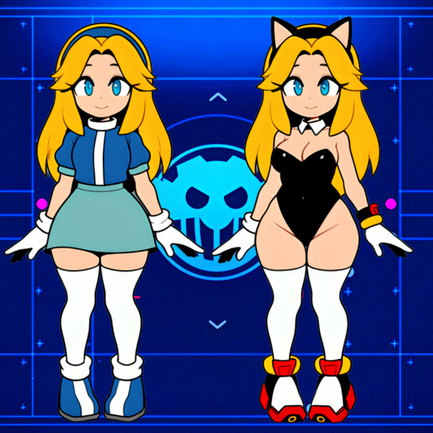 1girl aged_up ai_generated alternate_outfit animal_ear_hairband black_hairband black_leotard blonde_hair blue_background blue_eyes blue_hairband blue_shoes casual_clothes clothed collar cosplay curvy female_focus leotard maria_robotnik medium_breasts red_shoes sega shadow_the_hedgehog_(cosplay) smile sonic_the_hedgehog_(series) white_gloves white_thighhighs wrist_ring younger_female