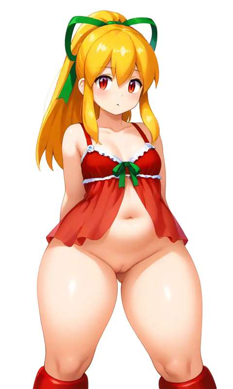 1girl ai_generated arms_behind_back blonde_hair boots breasts capcom cleft_of_venus female_focus mega_man navel nightgown ponytail pussy red_eyes ribbon rockman rockman_(classic) roll_(megaman) roll_(rockman) simple_background standing white_background