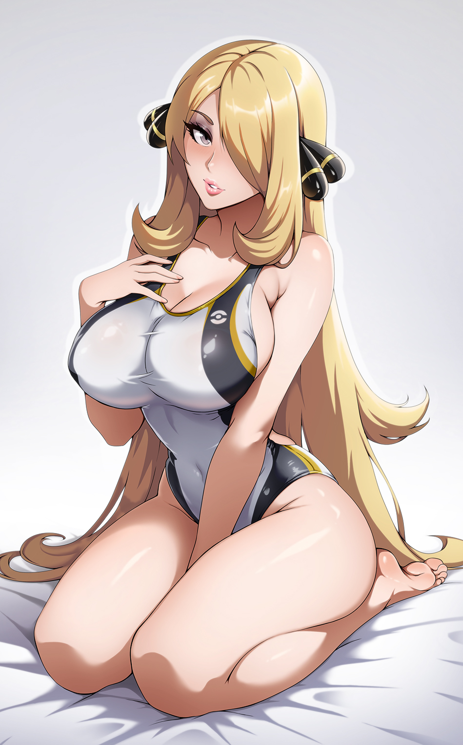 1girl alluring alternate_breast_size_(larger) barefoot bed_sheet big_breasts blonde_hair cleavage collarbone commentary competition_swimsuit covered_navel curvy cynthia cynthia_(pokemon) english_commentary full_body grey_eyes hair_ornament hair_over_one_eye high_res holding lips long_hair looking_at_viewer nintendo one-piece_bikini parted_lips poke_ball_symbol pokemon pokemon_(anime) pokemon_diamond/pearl/platinum seiza sitting sonicbluespeed swimsuit thighs very_long_hair white_one-piece_bikini