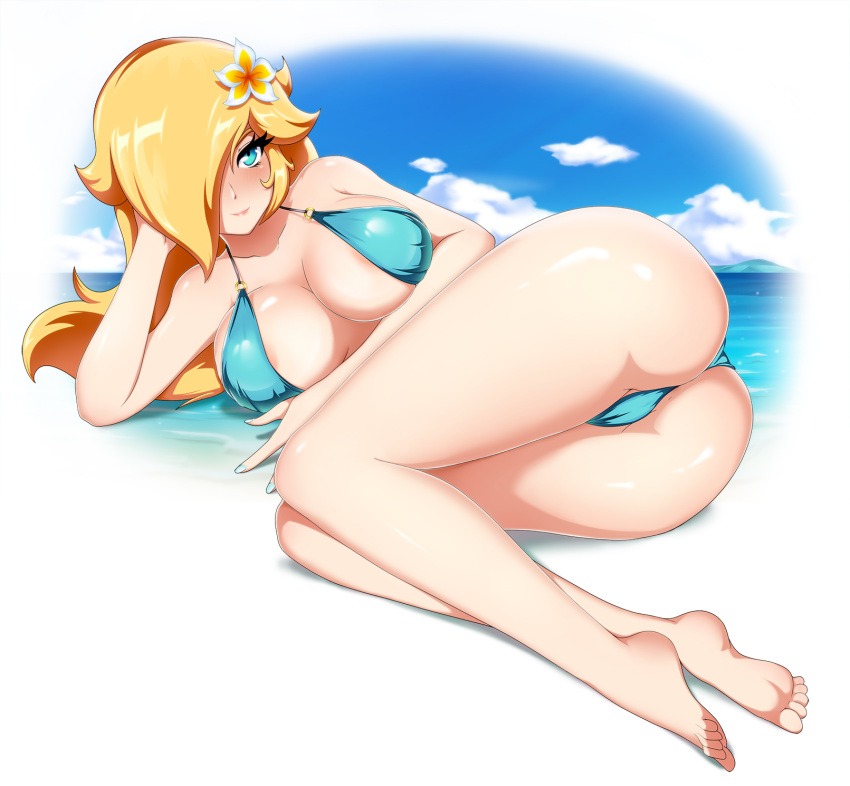 1girl alluring areola_slip ass bare_arms bare_legs bare_shoulders barefoot big_breasts bikini blonde_hair blue_bikini blue_eyes blue_nails blush cleavage closed_mouth collarbone eyelashes flower full_body hair_flower hair_ornament hair_over_one_eye head_rest high_res jewelry legs legs_together lips long_hair looking_at_viewer mario_(series) nail_polish nintendo o-ring o-ring_bikini ocean outside princess_rosalina rosalina smile sonicbluespeed strap_gap super_mario_bros. swimsuit thighs water white_background