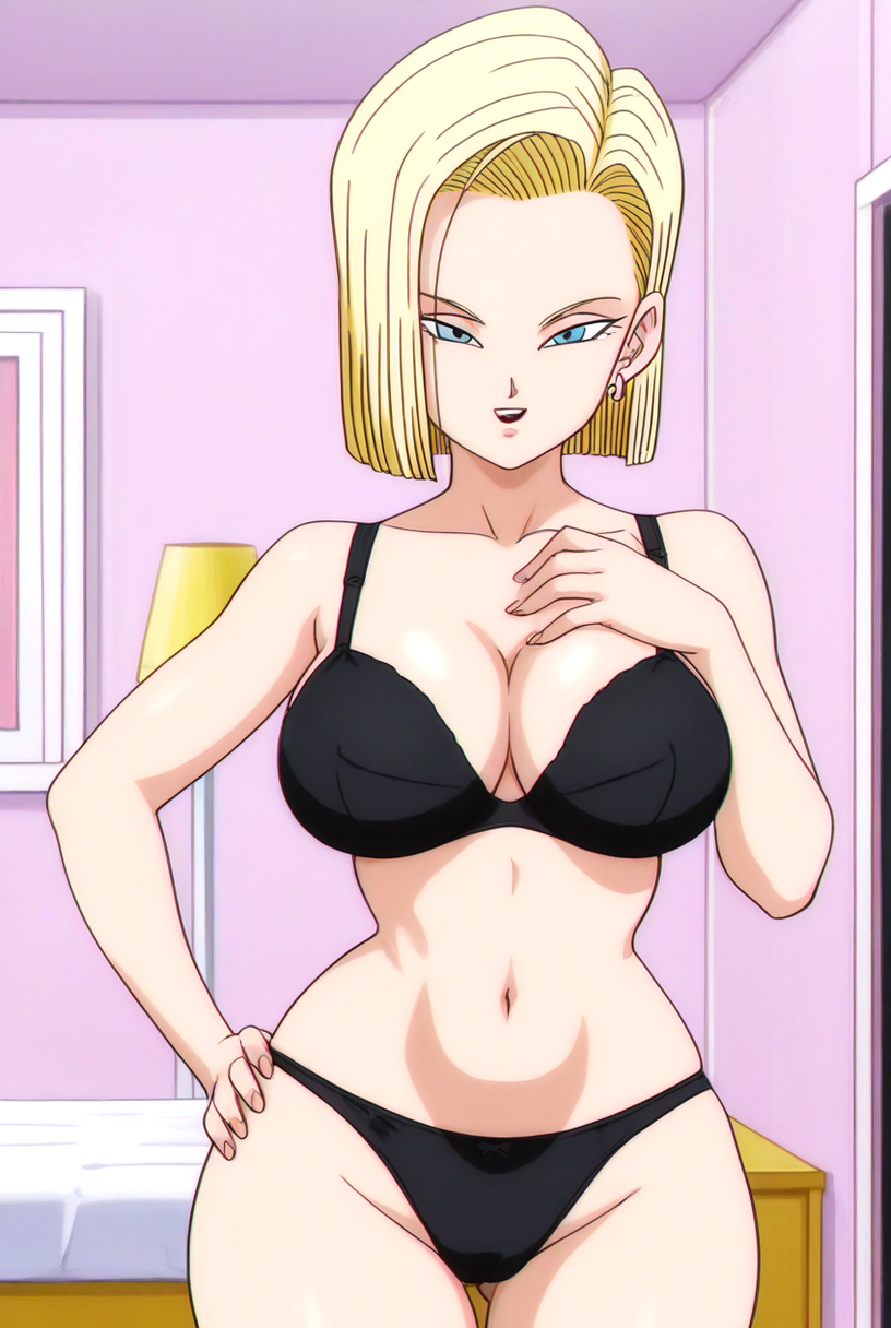 1girls ai_generated android_18 bed bedroom big_breasts black_bra black_panties blonde_hair blue_eyes bra bra_and_panties breasts cleavage curvy cyborg_girl dragon_ball_z female_only hand_on_chest hand_on_hip hand_on_own_chest hand_on_own_hip panties smile solo_female wide_hips
