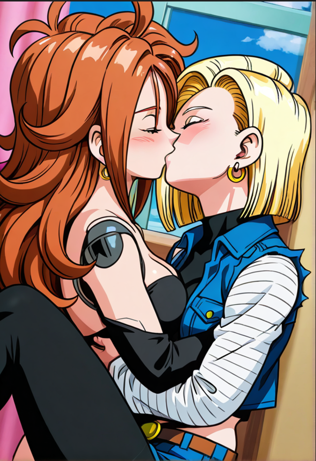 2_girls adapted_costume alternate_costume android android_18 android_21 belt big_breasts black_shirt blonde_female blonde_hair blue_vest blush bob_cut breast_press breasts brown_belt brown_hair cleavage closed_eyes cloud couple day dragon_ball dragon_ball_fighterz dragon_ball_z duo dutch_angle earrings female/female female_only gold_earrings gold_jewelry guloyu84 hair_flaps hoop_earrings hugging indoors jewelry kissing long_hair long_sleeves love medium_breasts midriff multiple_girls mutual_yuri neck romantic romantic_couple shirt short_hair sideboob sky standing standing_on_one_leg toei_animation turtleneck turtleneck_shirt vest window yuri
