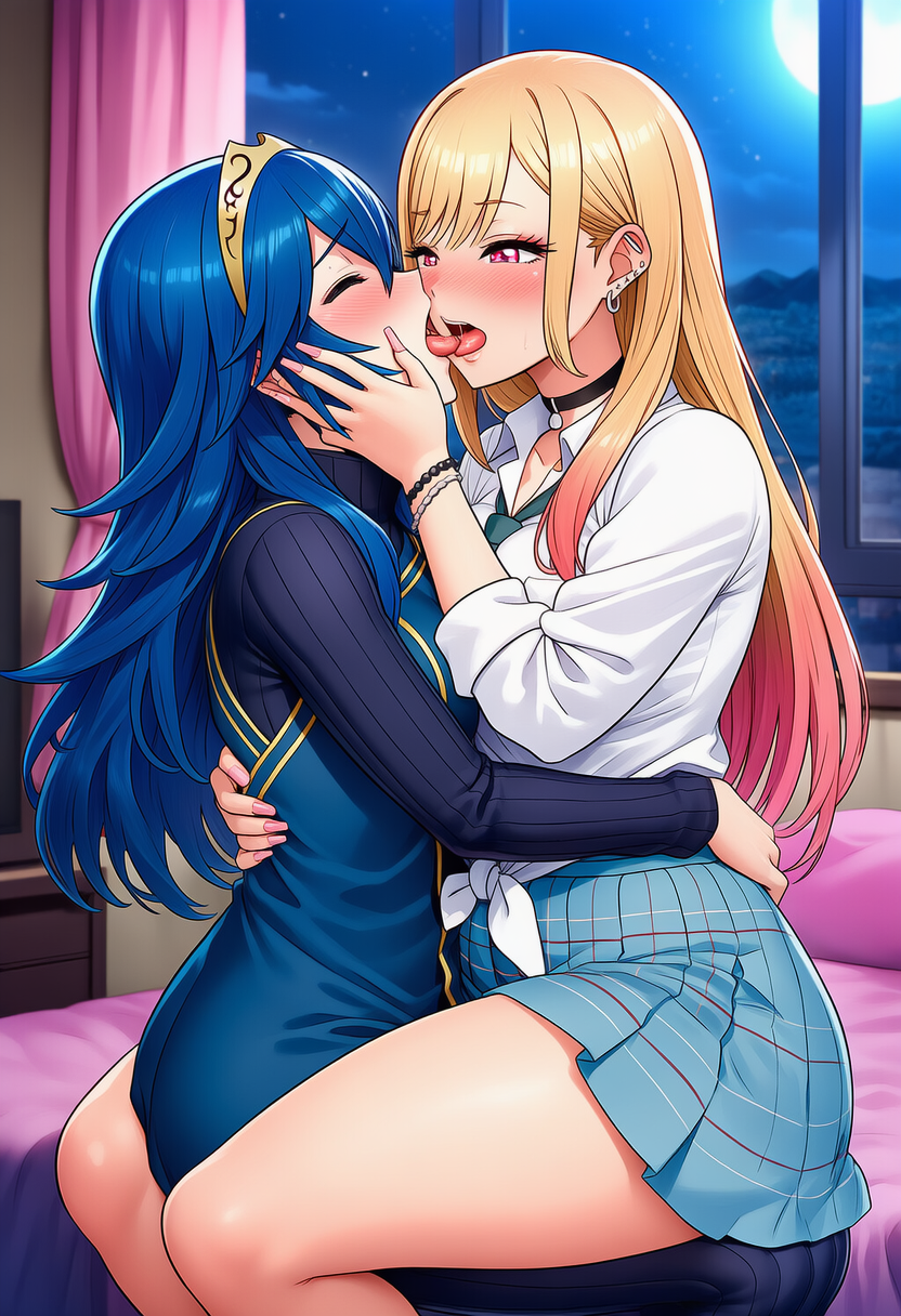 2_girls ai_art ai_generated bedroom blonde_hair blue_eyes crossover embrace face_grab fire_emblem fire_emblem_awakening french_kiss kitagawa_marin long_hair lucina_(fire_emblem) multiple_girls night pink_eyes skirt sono_bisque_doll_wa_koi_wo_suru thick_thighs yuri