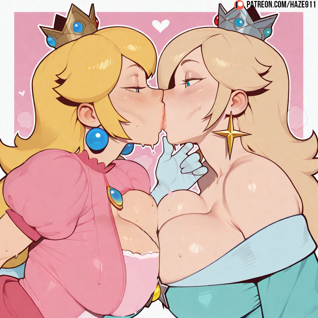 2_girls ai_generated blonde_hair blue_eyes blush breasts_squeezed_together french_kiss gigantic_breasts hair_over_one_eye haze911 huge_breasts incest light-skinned_female light_skin long_hair mario_(series) massive_breasts nintendo princess_peach rosalina sisters squatting super_mario_bros. sweat sweatdrop thick_body thick_female voluptuous voluptuous_female yuri