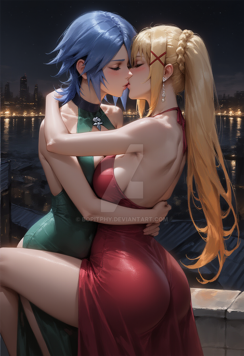 2_girls alternate_costume aqua_(kingdom_hearts) aqua_dress ass asymmetrical_docking back bare_arms bare_back bare_legs bare_shoulders big_ass big_breasts blonde_female blonde_hair blue_hair blush bopitphy breast_press breasts city cityscape cleavage cleavage_cutout closed_eyes clothing_cutout couple covered_navel crossover darkness_(konosuba) dress duo earrings female/female female_only french_kiss hair_ornament hairclip huge_ass hugging jewelry kingdom_hearts kissing kono_subarashii_sekai_ni_shukufuku_wo! lake legs light_blue_hair lips lipstick long_dress long_hair love makeup medium_breasts multiple_girls mutual_yuri neck night night_sky open-back_dress outside pink_lipstick ponytail red_dress red_hair_ornament red_hairclip romantic romantic_couple short_hair side_slit sky sleeveless sleeveless_dress sleeveless_turtleneck square_enix standing standing_on_one_leg thighs tied_hair turtleneck_dress water x_hair_ornament yuri