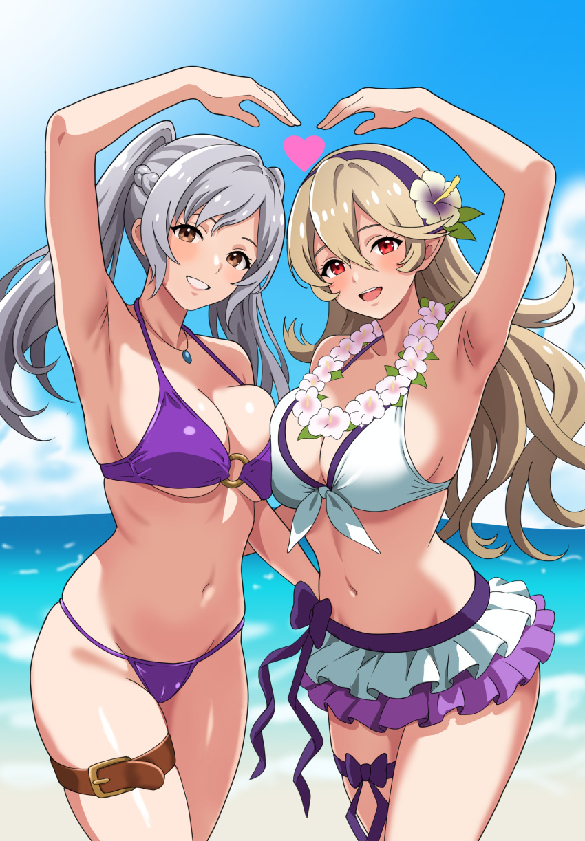2girls :d alluring arm_up asymmetrical_docking belt big_breasts bikini black_hairband blonde_hair blush breast_press breasts brown_eyes brown_gloves cleavage commentary_request corrin_(fire_emblem) corrin_(fire_emblem)_(female) corrin_(summer)_(fire_emblem)_(female) fire_emblem fire_emblem_awakening fire_emblem_fates fire_emblem_heroes fire_emblem_warriors flower gloves hair_between_eyes hair_flower hair_ornament hairband high_res intelligent_systems jewelry long_hair looking_at_viewer medium_breasts monta multiple_girls navel nintendo o-ring o-ring_bikini official_alternate_costume open_mouth pointy_ears purple_bikini red_eyes robin_(fire_emblem) robin_(fire_emblem)_(female) robin_(summer)_(fire_emblem)_(female) smile standing swimsuit thigh_belt thigh_strap thighs tongue twin_tails white_bikini white_hair