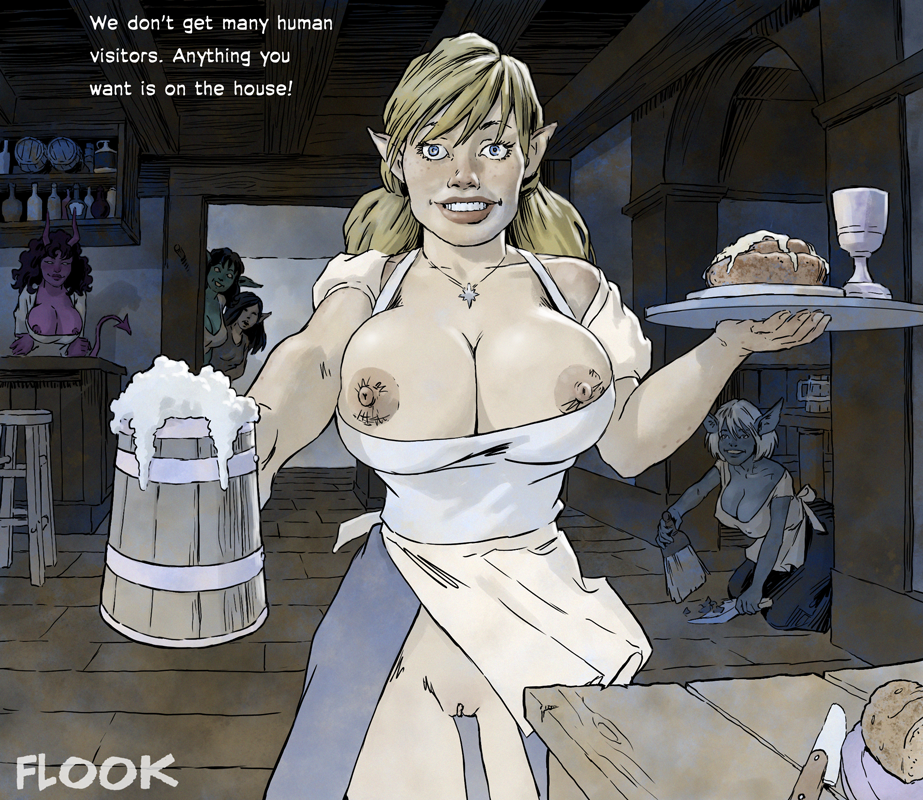 5girls alcohol aqua_skin bare_shoulders beer beer_mug big_breasts black_hair blonde_female blonde_hair blue_eyes blue_skin bread breasts breasts_out breasts_out_of_clothes breasts_outside brown_lipstick cleaning cleavage collarbone demon_girl demon_horns demon_tail dirndl dress drink elf elf_female english_text female_only flook flook_(artist) food goblin goblin_female grin hair_between_eyes hand_up happy horns huge_breasts indoors jewelry kneel lips lipstick long_hair long_sleeves looking_at_viewer low_twintails makeup monster_girl mug multiple_girls neck necklace nipples no_panties original original_character outstretched_arm parted_lips plate pointy_ears purple_horns purple_skin purple_tail pussy serving shaved_pussy short_hair short_sleeves smile solo_focus standing table tail talking text thick_lips tied_hair tray twin_tails uncensored waitress white_dress white_hair
