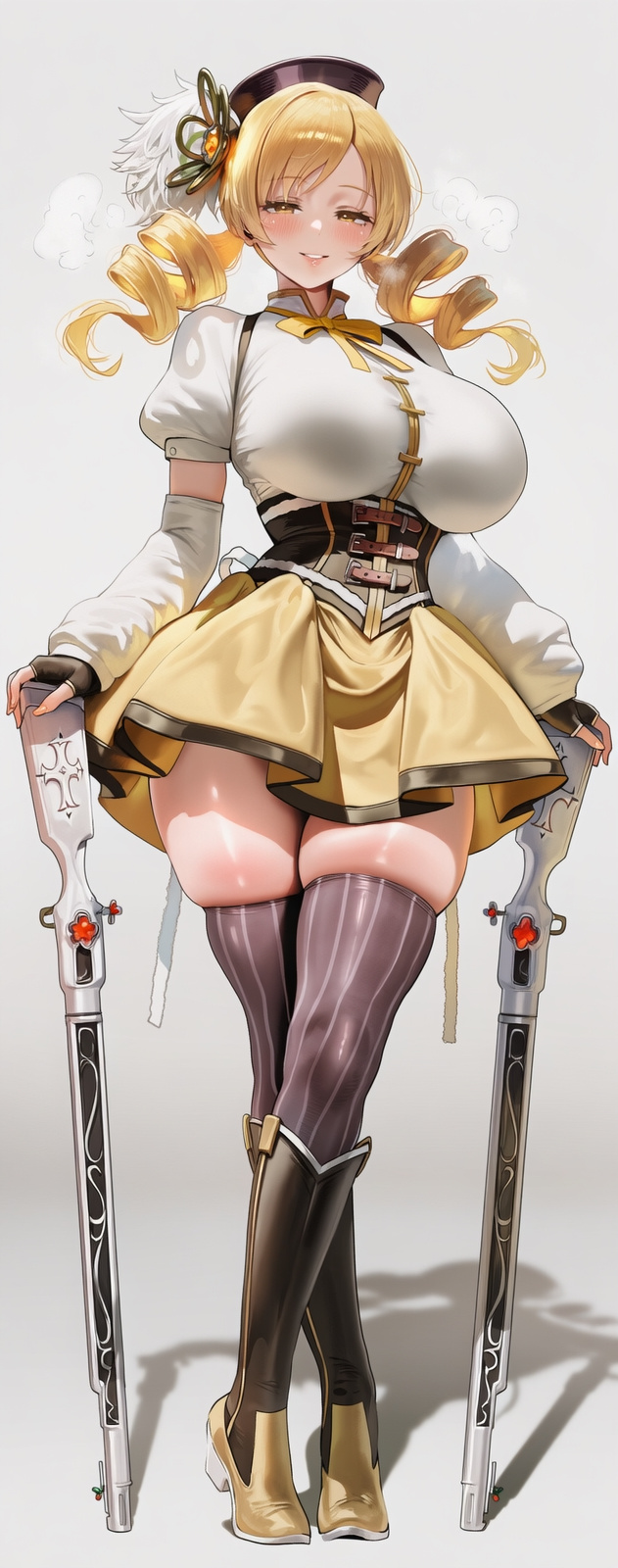 ai_generated athletic_female bare_thighs blonde_hair gigantic_breasts grin huge_breasts huge_thighs light-skinned_female light_skin looking_at_viewer magical_girl mahou_shoujo_madoka_magica massive_breasts oiled_body oiled_skin sangraal solo_female squatting sweat sweatdrop thick_body thick_female thick_thighs thighs tomoe_mami twin_drills voluptuous voluptuous_female yellow_eyes