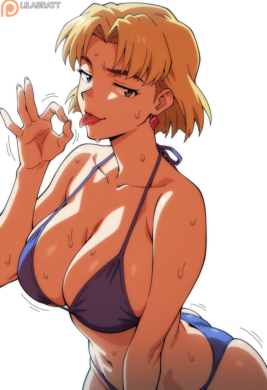 ai_generated bare_thighs big_ass big_ass bikini black_eyes blonde_hair fat_ass fellatio_gesture gigantic_ass gigantic_breasts huge_breasts huge_thighs light-skinned_female light_skin lilabratt looking_at_viewer massive_ass massive_breasts mature_female milf neon_genesis_evangelion ritsuko_akagi short_hair solo_female squatting sweat sweatdrop thick_body thick_female thick_thighs thighs tongue_out voluptuous voluptuous_female
