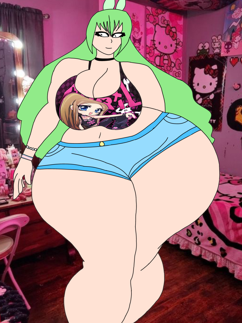 12_oz_mouse 1girl adult_swim ass avril_lavigne baggy_clothing bare_shoulders bed bedroom big_ass big_breasts bracelet breasts character_print choker cleavage clothed clothed_female clothing crossgender curtains denim denim_shorts eyelashes fat female female_only genderswap genderswap_(mtf) goth green_eyes green_hair hello_kitty hello_kitty_(character) hello_kitty_print huge_breasts indoors jewelry katie_fitzgerald long_hair looking_to_the_side midriff mouse_ears mouse_fitzgerald mouse_girl poster_(object) punk rule_63 sanrio shorts smile solo tank_top thick_thighs topwear very_long_hair wide_hips