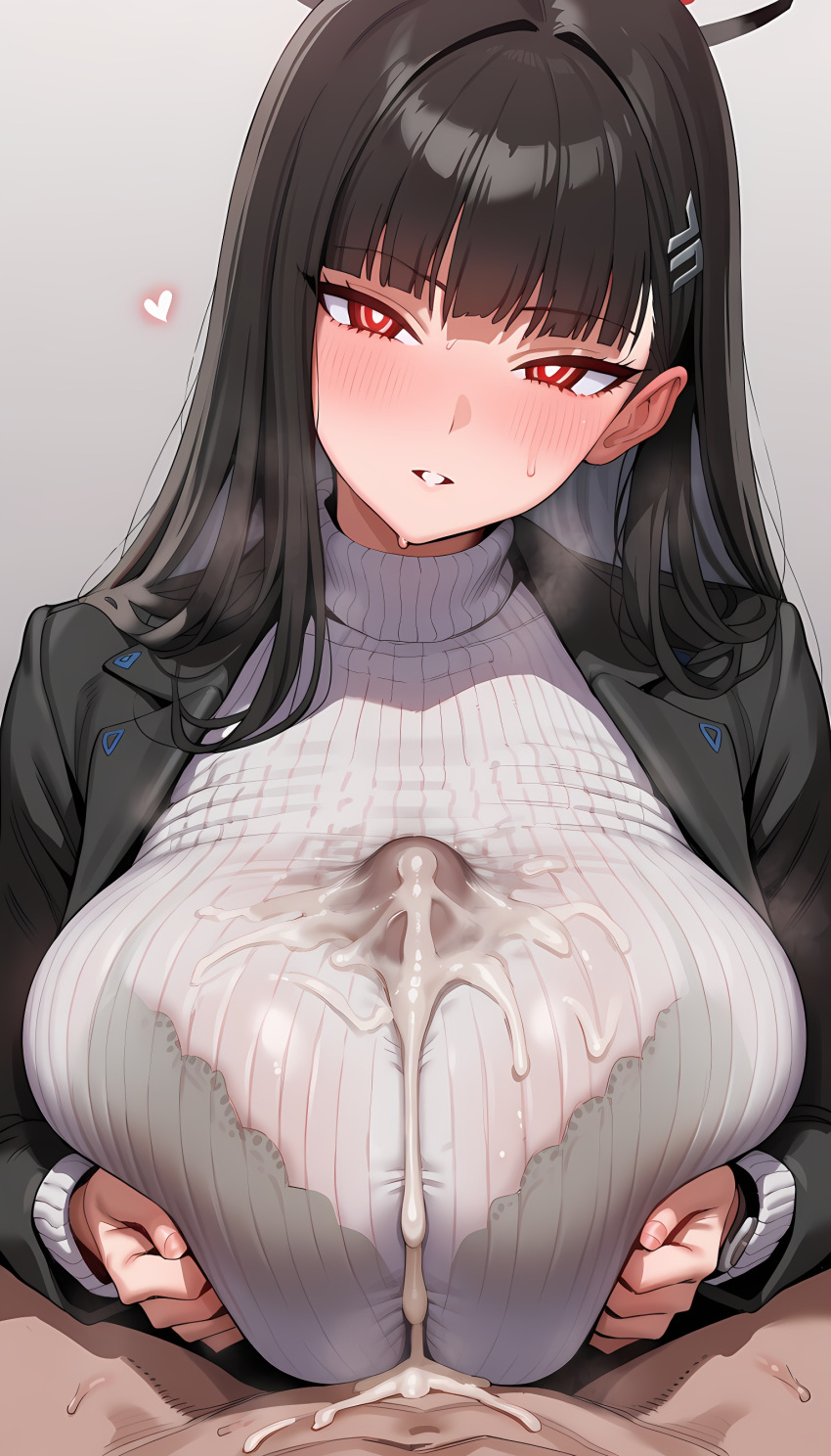 1boy 1girl ai_generated between_breasts blue_archive blush bra breast_grab breast_press breasts clothed clothed_female clothed_female_nude_male clothed_paizuri clothed_sex cum cum_on_breasts cum_on_clothes gigantic_breasts grin halo heart huge_breasts light-skinned_female light_skin long_hair looking_at_viewer nikumist paizuri paizuri_under_clothes pov pov_paizuri rio_(blue_archive) rio_tsukatsuki_(blue_archive) sexually_suggestive smile smirk steam steamy_breath sweat sweatdrop sweating turtleneck
