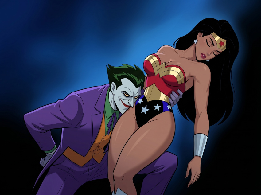 1boy 1girl amazon arm_at_side arm_behind_back bangs bare_arms bare_legs bare_shoulders batman:_the_animated_series batman_(series) big_breasts black_background black_eyes black_hair blue_background blue_leotard boots bracer breasts carrying cleavage closed_eyes closed_mouth clown collarbone dark_green_hair dc_comics dcau diana_prince earrings evil_smile femsub footwear gloves gold_jewelry gradient gradient_background green_hair half-closed_eyes hand_on_another's_hip hand_on_another's_waist heroine hetero highleg highleg_leotard jacket jewelry justice_league justice_league_unlimited legs legs_together leotard lips lipstick long_hair long_sleeves looking_at_viewer makeup maledom mound_of_venus multicolored_clothes multicolored_leotard naughty_face neck pants parted_bangs parted_lips pink_lipstick purple_jacket purple_pants purple_suit red_leotard red_lipstick sghero1234 sghero1234_(artist) short_hair silver_bracer silver_earrings silver_jewelry sleeping smile squatting star star_(symbol) star_earrings star_print straight_hair strapless strapless_leotard suit superhero_costume superheroine supervillain the_joker themysciran thighs tiara two-tone_leotard unconscious villain white_skin wonder_woman wonder_woman_(dcau) wonder_woman_(series) yellow_sclera