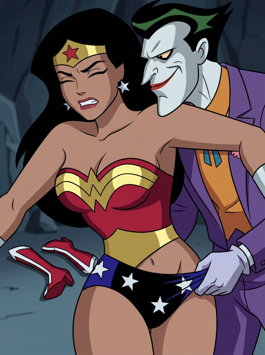 1boy 1girl amazon arm_at_side bangs bare_arms bare_legs bare_shoulders batman:_the_animated_series batman_(series) big_breasts black_eyes black_hair blue_leotard boots boots_removed bracer breasts cave cleavage clenched_teeth closed_eyes closed_mouth clothes_pull clothes_removed clown collarbone dark_green_hair dc_comics dcau diana_prince earrings evil_smile femsub footwear gloves gold_jewelry green_hair half-closed_eyes heroine hetero indoors jacket jewelry justice_league justice_league_unlimited legs legs_together legwear_removed leotard lips lipstick long_hair long_sleeves looking_at_another makeup maledom mound_of_venus multicolored_clothes multicolored_leotard naughty_face navel neck outstretched_arms pants parted_bangs pink_lipstick pulling pulling_clothing purple_jacket purple_pants purple_suit red_boots red_footwear red_leotard red_lipstick resisting round_teeth sghero1234 sghero1234_(artist) short_hair silver_bracer silver_earrings silver_jewelry smile spread_arms standing star star_(symbol) star_earrings star_print straight_hair strapless strapless_leotard struggling suit superhero_costume superheroine supervillain teeth the_joker themysciran thighs tiara two-tone_leotard undressing undressing_another villain white_skin wonder_woman wonder_woman_(dcau) wonder_woman_(series) yellow_sclera you_gonna_get_raped