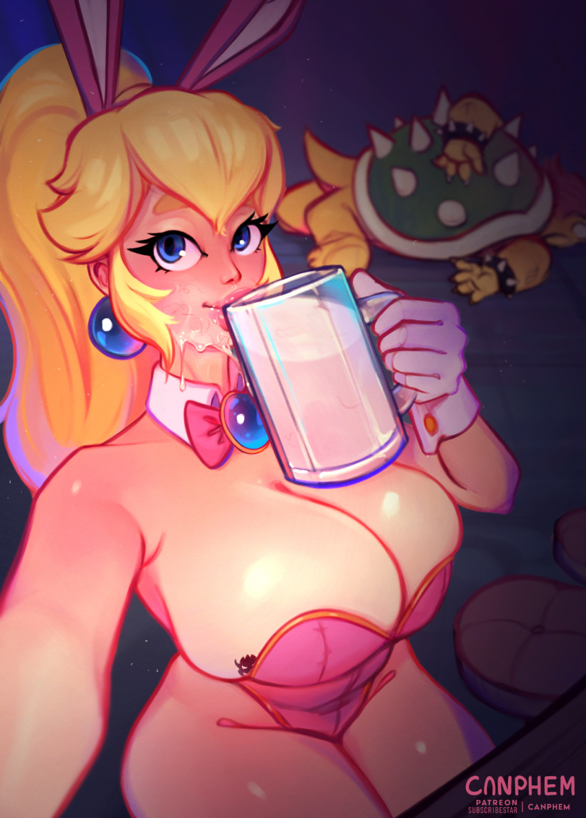 1boy 1girl big_breasts blonde_hair blush bodily_fluids bow_tie bowser bowser_logo bowser_tattoo breast_tattoo breasts bunny_costume canphem cleavage clothed clothing conditional_dnp cosplay cum cum_drip cum_in_a_cup cum_in_container cum_in_mouth cum_inside cum_on_face drinking drinking_cum dripping duo excessive_cum excessive_genital_fluids fake_ears fake_rabbit_ears family_guy_death_pose female genital_fluids glistening glistening_breasts glistening_thighs hair headgear high_res huge_breasts human human_focus humanoid_face jewelry koopa lips looking_at_viewer male male/female mammal mario_bros meme nintendo princess_peach scalie selfpic spikes tattoo thick_lips thick_thighs wide_hips