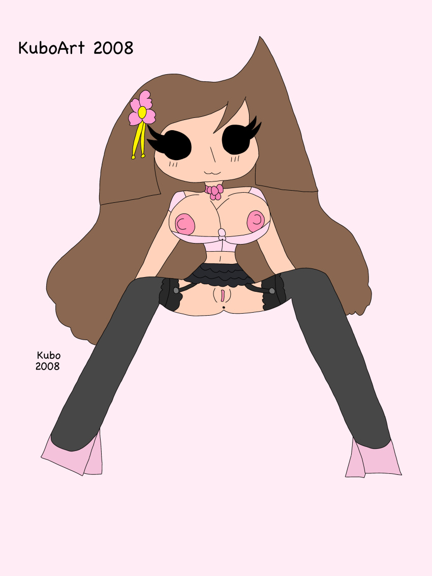 1girl 2008 :3 aliya_oliveira anus artist_name artist_signature big_breasts black_eyes blush bowtie breasts brown_hair choker cleavage clitoris closed_mouth clothed clothed_female clothing crop_top english_text eyelashes female female_only flower footwear garter_belt garter_straps hair_flower hair_ornament high_heels huge_breasts kubo_(artist) long_hair looking_at_viewer midriff nipples pasties pink_background pink_flower pink_shirt pussy simple_background sitting skirt solid_circle_eyes solid_oval_eyes solo spread_legs thighhighs very_long_hair