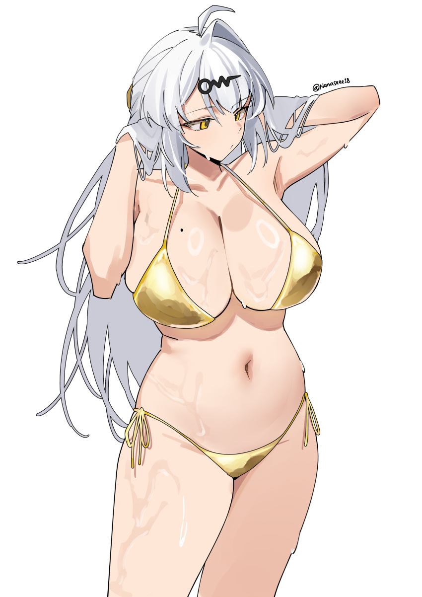 1girl absurd_res adjusting_hair big_breasts bikini breasts cleavage commentary english_commentary gold_bikini hair_ornament high_res long_hair navel pinepin ring_light_reflection shiny_swimsuit single_hair_intake swimsuit wet white_hair yellow_eyes yixuan_(zenless_zone_zero) zenless_zone_zero