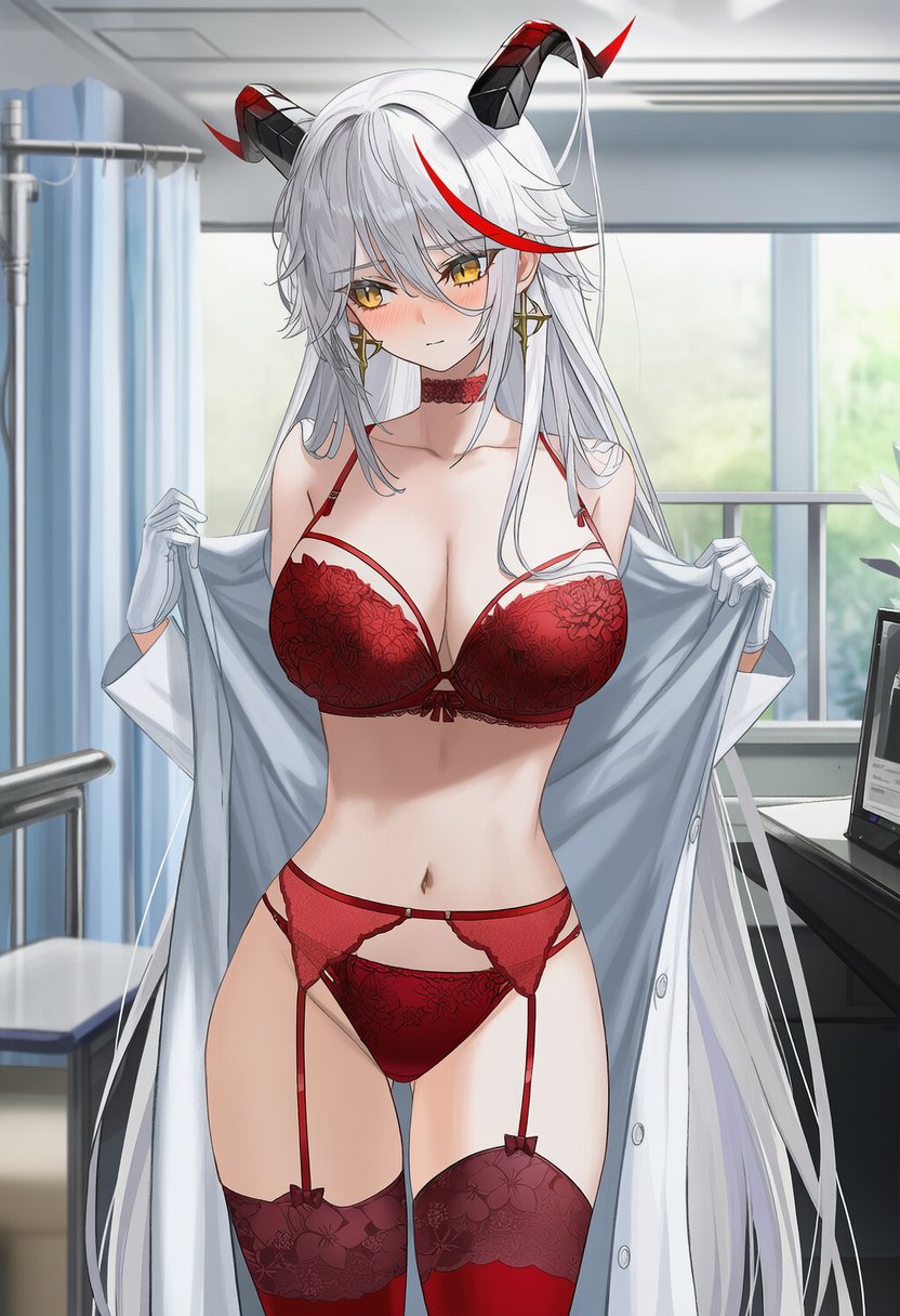 1girl aegir_(azur_lane) azur_lane big_breasts blush bra breasts choker cleavage earrings female_only garter_belt gloves horns indoors labcoat long_hair nervous open_labcoat panties red_bra red_choker red_garter_belt red_hair red_panties red_stockings revergiss ship_girl shy solo_female stockings streaked_hair white_gloves white_hair yellow_eyes
