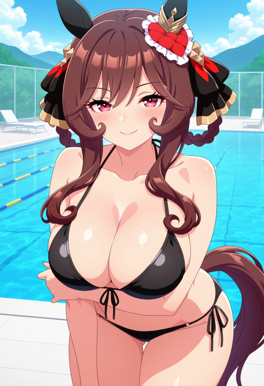 1girl ai_generated arm_under_breasts big_breasts bikini black_bikini blush breasts brown_hair cleavage female_only gentildonna_(umamusume) hair_accessory hair_ornament horse_ears horse_girl horse_tail leaning_forward outdoor_pool outside pink_eyes pool poolside smile solo_female umamusume umamusume_pretty_derby vegaforge
