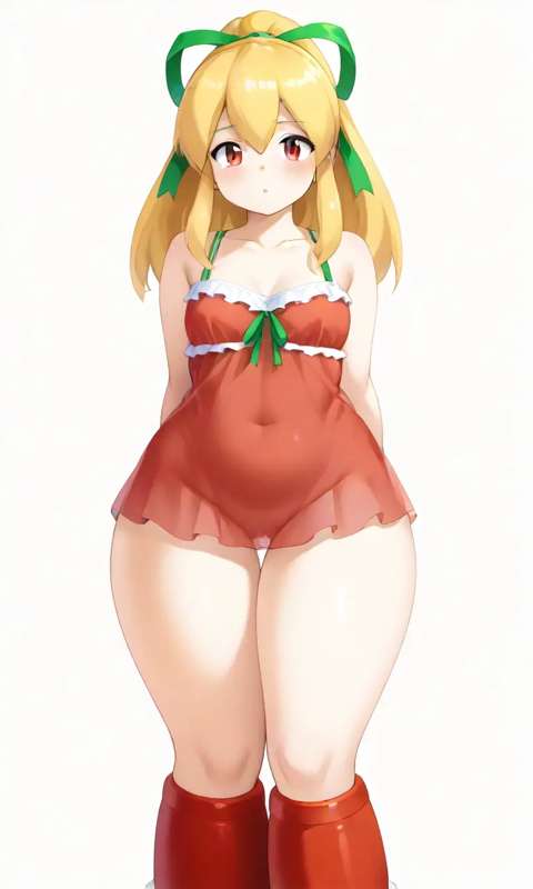 1girl ai_generated arms_behind_back blonde_hair boots breasts capcom cleft_of_venus female_focus looking_at_viewer mega_man navel nightgown ponytail pussy red_eyes ribbon rockman rockman_(classic) roll_(megaman) roll_(rockman) simple_background standing transparent_clothing white_background