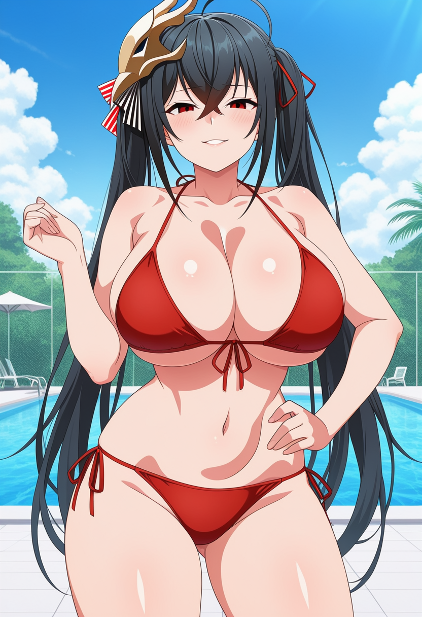 1girl ai_generated azur_lane bikini black_hair blush breasts cleavage female_only hair_accessory hair_ornament hair_ribbons hand_on_hip hand_on_own_hip huge_breasts long_hair outdoor_pool outside pool poolside red_bikini red_eyes red_ribbons ribbons ship_girl smile solo_female taihou_(azur_lane) twin_tails vegaforge