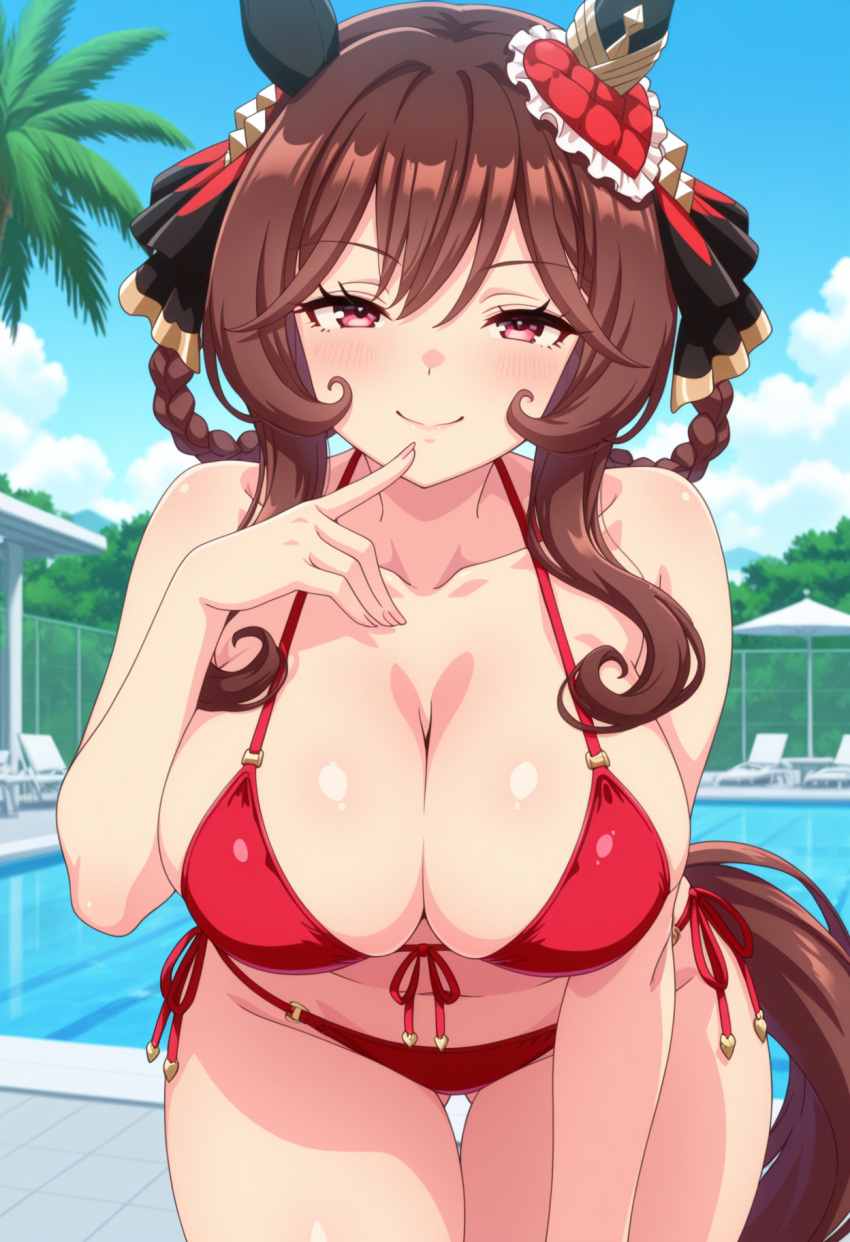 1girl ai_generated big_breasts bikini blush breasts brown_hair cleavage female_only finger_on_chin finger_to_chin gentildonna_(umamusume) hair_accessory hair_ornament horse_ears horse_girl horse_tail leaning_forward outdoor_pool outside pink_eyes pool poolside red_bikini smile solo_female umamusume umamusume_pretty_derby vegaforge