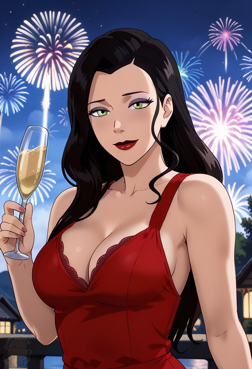 1girl alcohol alternate_costume arm_at_side asami_sato bare_arms bare_shoulders big_breasts black_hair breasts champagne cleavage closed_mouth collarbone dress drink drinking_glass eyeshadow female_only female_solo fireworks green_eyes grey_eyeshadow half-closed_eyes hand_up holding holding_drink holding_drinking_glass lips lipstick long_hair looking_at_viewer makeup medium_breasts mrfluffypotato nail_polish neck nickelodeon night night_sky outside pink_nails red_dress red_lipstick sky sleeveless sleeveless_dress smile star starry_sky straight_hair the_legend_of_korra* upper_body