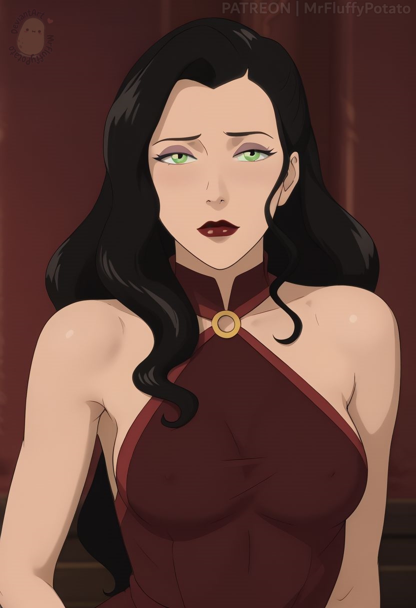 1girl alternate_costume arms_at_sides asami_sato bare_arms bare_shoulders black_hair breasts closed_mouth collarbone detached_collar dress expressionless eyeshadow female_only female_solo green_eyes grey_eyeshadow half-closed_eyes indoors lips lipstick long_hair looking_at_viewer makeup medium_breasts mrfluffypotato neck nickelodeon o-ring o-ring_dress red_detached_collar red_dress red_lipstick sleeveless sleeveless_dress straight_hair the_legend_of_korra* upper_body