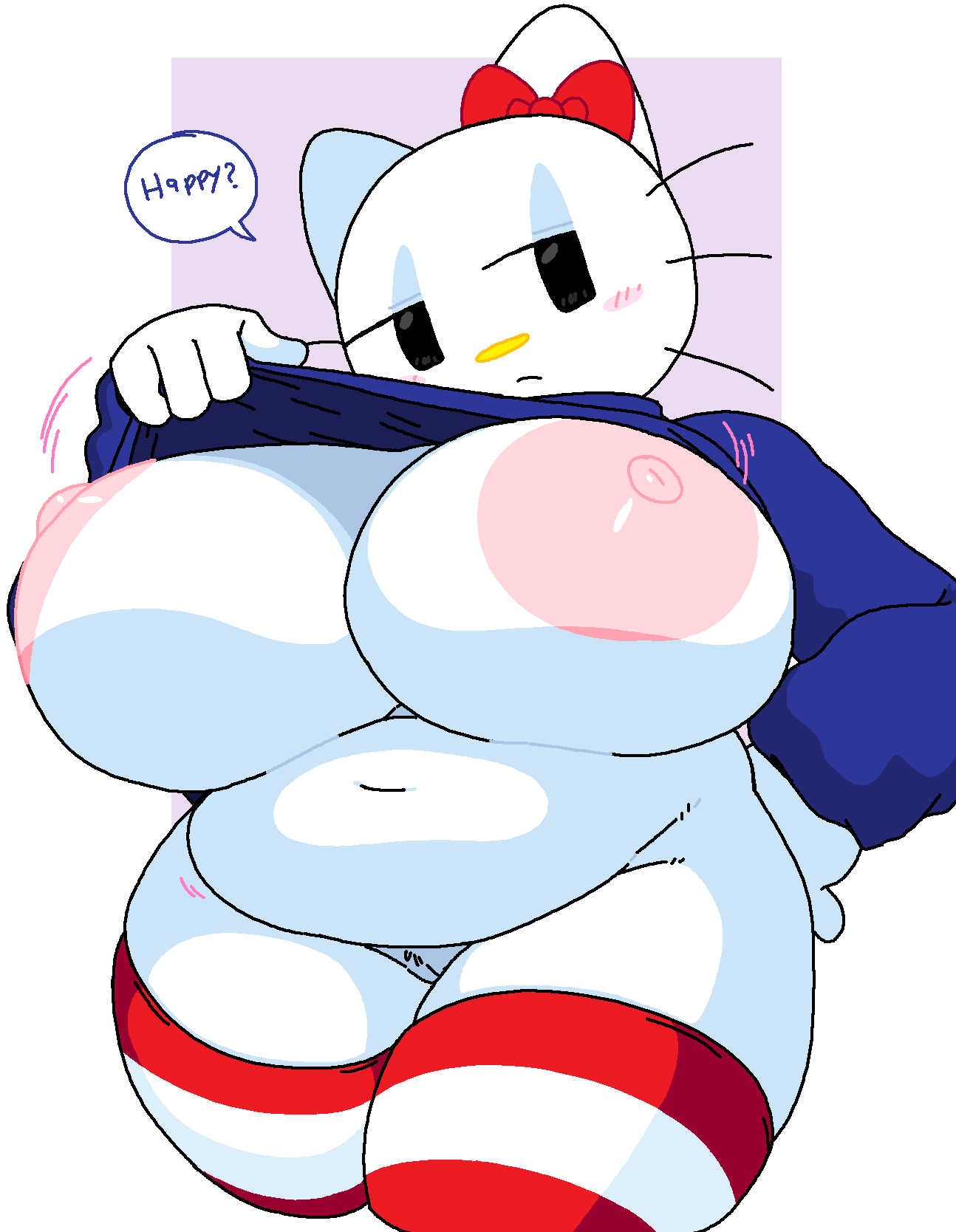 1girl anthro areolae big_breasts black_eyes blue_sweater blush blush_stickers bottomless bow breasts cassettedream cat_girl closed_mouth clothes_lift dialogue dream-cassette english_text eyeshadow felid feline female female_only flashing flashing_breasts furry furry_female hair_bow half-closed_eyes hand_on_own_hip hello_kitty hello_kitty_(character) hello_kitty_(series) hoodie_lift hoshime huge_breasts kitty_white large_areolae large_breasts lifted_by_self long_sleeves looking_at_viewer makeup mammal nipples no_bra red_thighhighs sanrio solo solo_female speech striped_thighhighs sweater talking text thick_thighs thighs transparent_background whiskers white_fur wide_hips