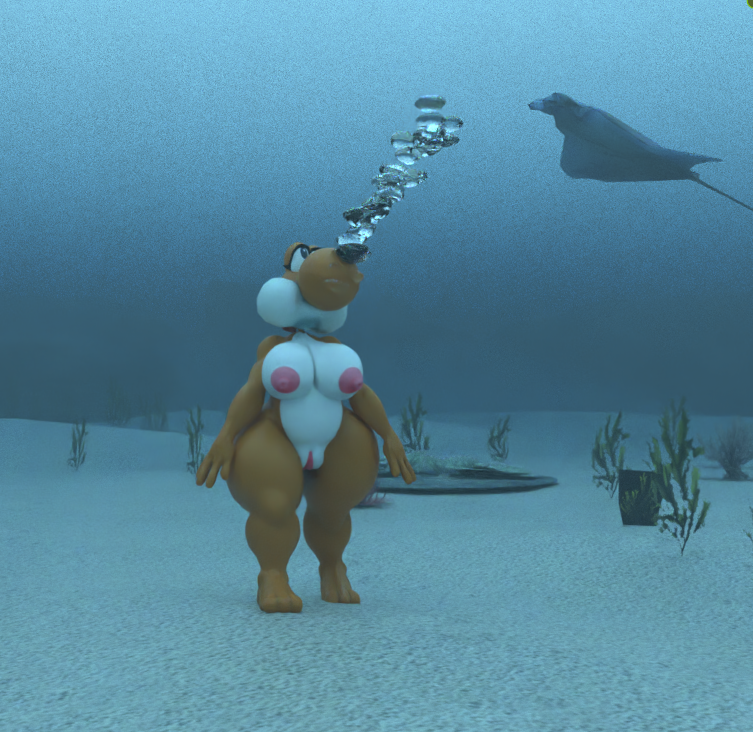 1girl aquaphilia breasts bubbles female mario_(series) nintendo nude orange_yoshi original_character puffy_cheeks pussy solo underwater yoshi zantzusui