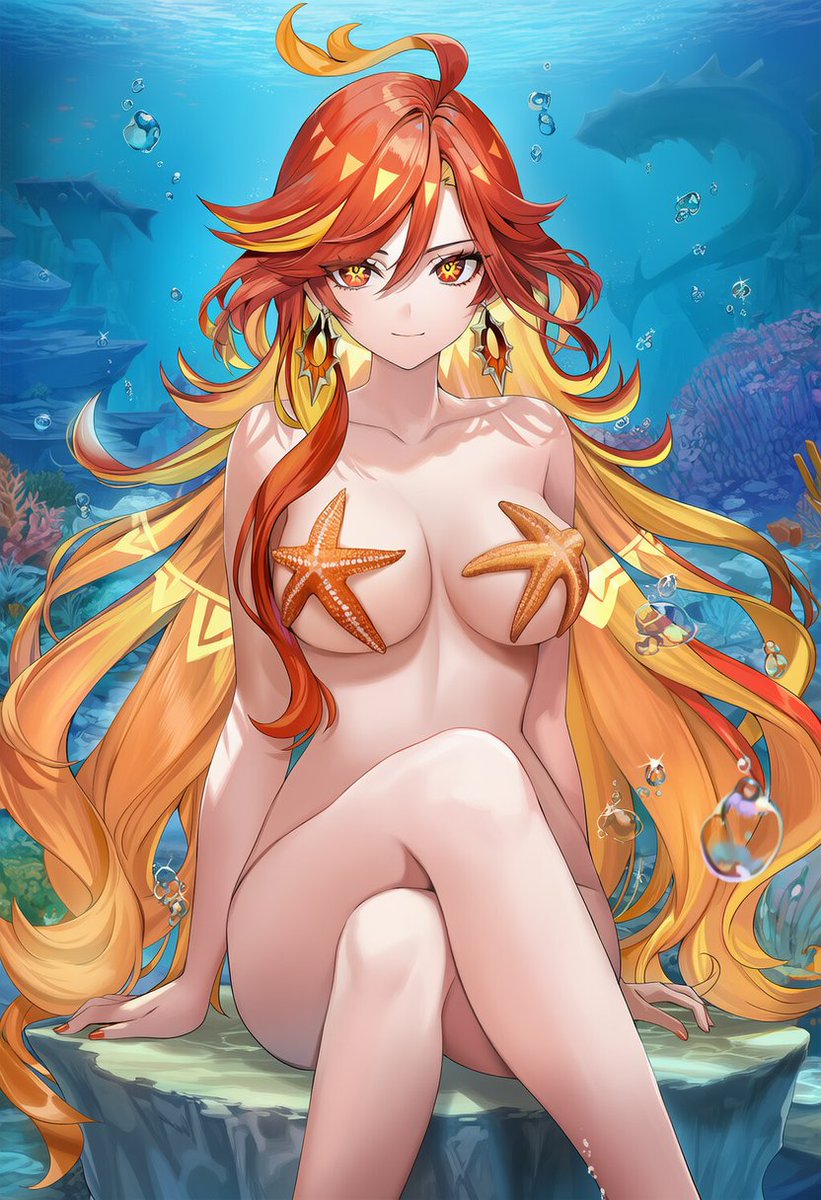1girl big_breasts breasts earrings female female_only genshin_impact legs_crossed long_hair mavuika_(genshin_impact) naked_female nude nude_female orange_eyes orange_hair revergiss sitting_on_rock smile solo solo_female starfish starfish_on_breast underwater