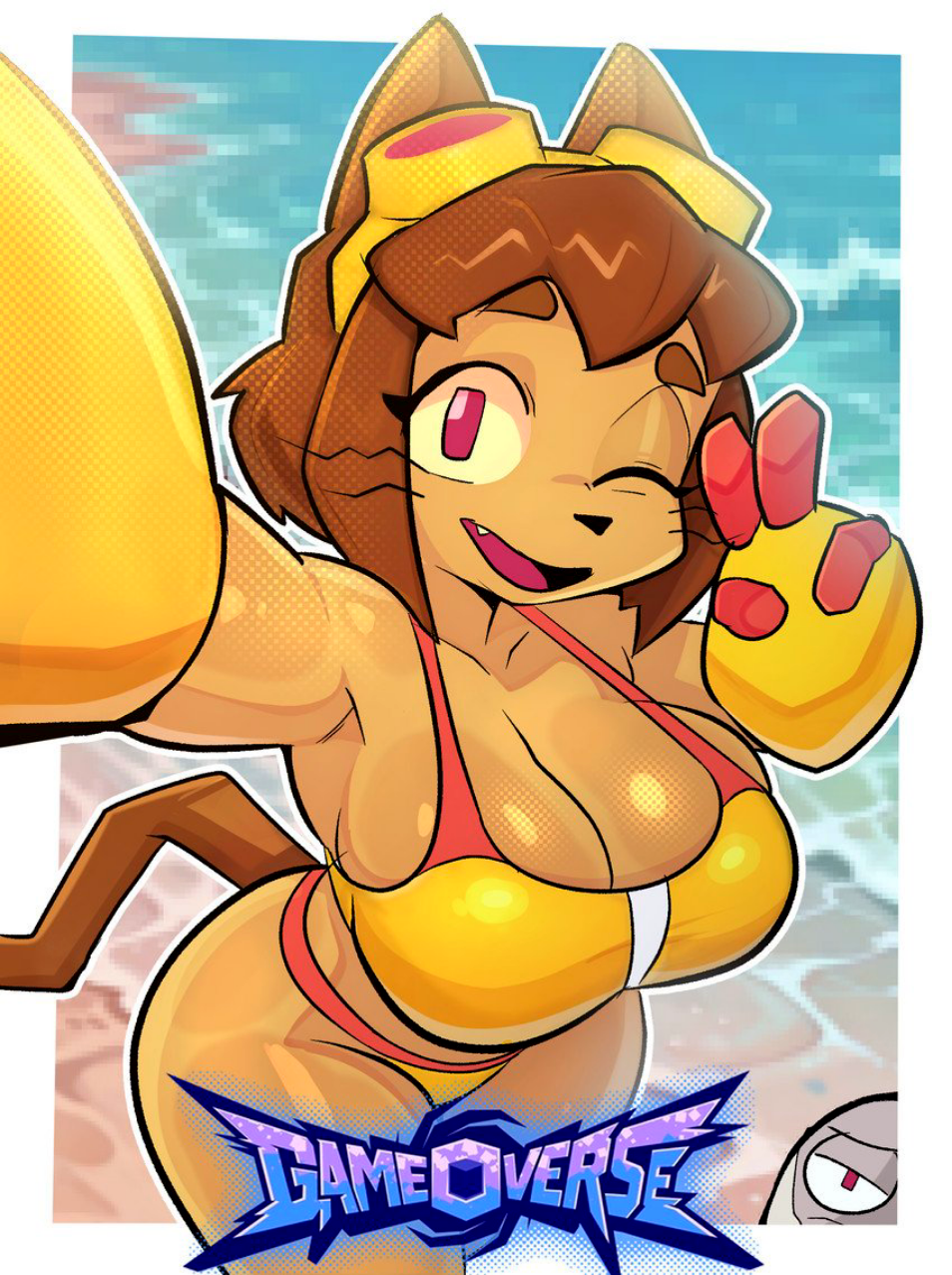 1girl bikini breasts brown_fur brown_hair female_focus furry furry_female gameoverse glitch_productions goggles_on_head kit_(gameoverse) looking_at_viewer one_eye_closed pink_eyes thighs