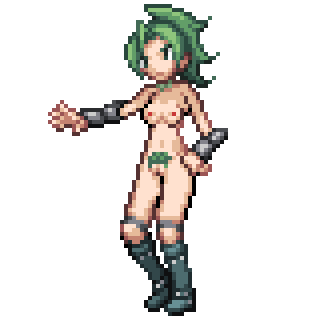 1girl boots boots_only breasts edit female_only green_eyes green_hair gym_leader lin_(adult) lin_(pokemon) lin_(pokemon_reborn) nipples nude nude_female pink_hair pixel_art pokemon pokemon_fangame pokemon_reborn ponytail sprite