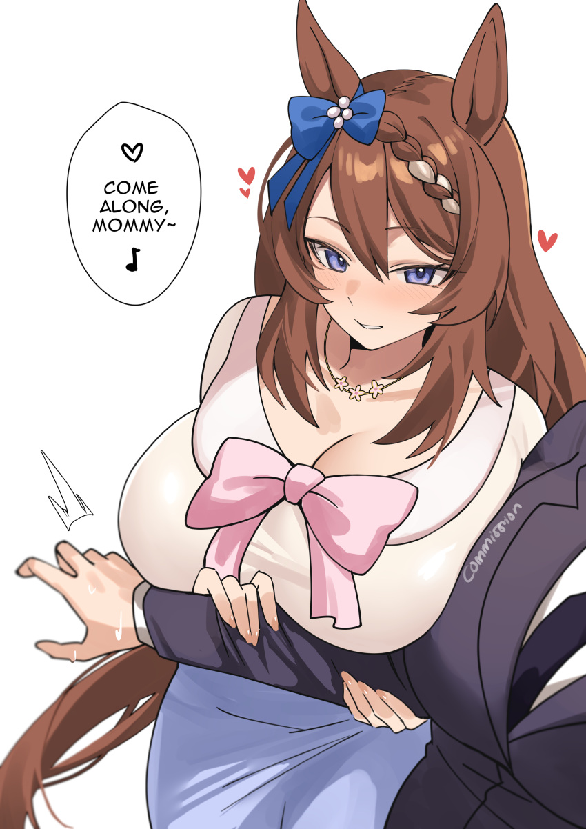 2_girls absurd_res animal_ears black_jacket black_necktie blue_bow blue_eyes blue_skirt blush bow bowtie braid braided_bangs breasts brown_hair cleavage commentary commission ear_bow english_text formal_clothes grabbing_another's_arm hair_between_eyes high_res horse_ears horse_girl huge_breasts jacket long_hair looking_at_viewer multicolored_hair multiple_girls neck_tie pinepin shirt simple_background skirt smile speech_bubble streaked_hair suit super_creek_(umamusume) umamusume white_background white_bow white_bowtie white_shirt white_streaks
