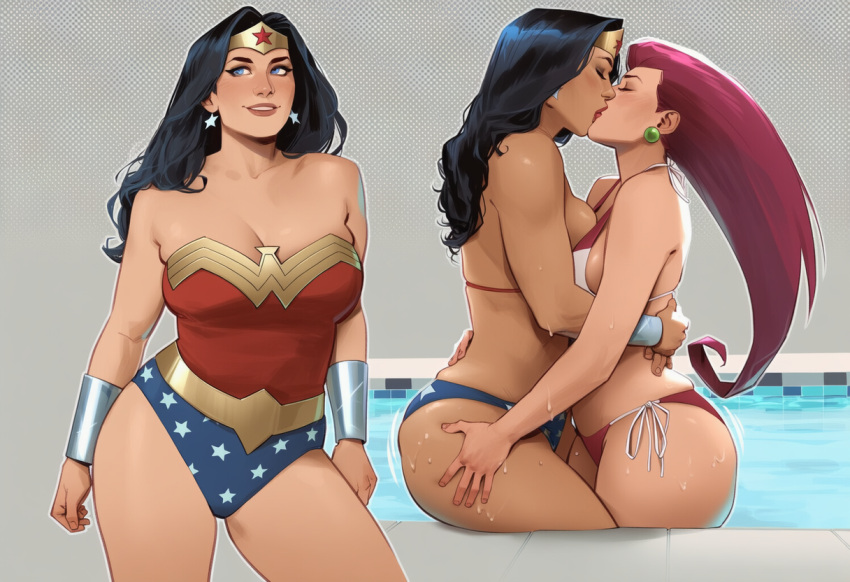 2_girls adapted_costume alternate_costume amazon arms_at_sides bangs bare_arms bare_legs bare_shoulders big_breasts bikini black_eyeshadow black_hair blue_eyes blue_leotard blush bracer breast_press breasts brown_eyeshadow brown_lipstick cleavage closed_eyes collarbone contrapposto couple crossover dc_comics diana_prince duo earrings eyeshadow female/female female_only gold_jewelry green_earrings grey_background grin heroine highleg highleg_leotard hugging jessie_(pokemon) jewelry justice_league justice_league_unlimited kissing legs leotard lips lipstick long_hair looking_to_the_side love makeup medium_breasts midriff multicolored_bikini multicolored_clothes multicolored_leotard multicolored_swimsuit multiple_girls multiple_views mutual_yuri naughty_face neck nintendo parted_bangs parted_lips phophopho pokemon pokemon_(anime) pool red_bikini red_hair red_leotard red_lipstick red_swimsuit romantic romantic_couple sequential side-tie_bikini sideboob silver_bracer silver_earrings silver_jewelry smile sphere sphere_earrings standing star star_(symbol) star_earrings star_print straight_hair strapless strapless_leotard superhero_costume superheroine swimsuit team_rocket themysciran thick_eyebrows thick_thighs thighs tiara two-tone_bikini two-tone_leotard two-tone_swimsuit very_long_hair villainess water wet wet_body white_bikini white_swimsuit wonder_woman wonder_woman_(series) yuri