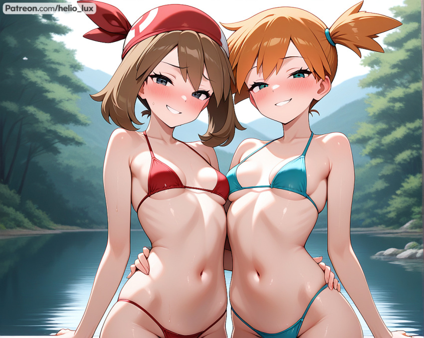 2_girls ai_generated belly_button bikini bikini_bottom bikini_top blue_eyes blush blush_lines breasts brown_hair grabbing_waist haruka_(pokemon) kasumi_(pokemon) lake may_(pokemon) misty_(pokemon) petite petite_body petite_breasts petite_female petite_girl petite_tits pokemon pokemon_(anime) pokemon_frlg pokemon_lgpe pokemon_oras pokemon_rgby pokemon_rse pokemon_trainer red_hair shiny_skin skinny skinny_female small_breasts smirk smirking smirking_at_viewer wet wet_skin yuri