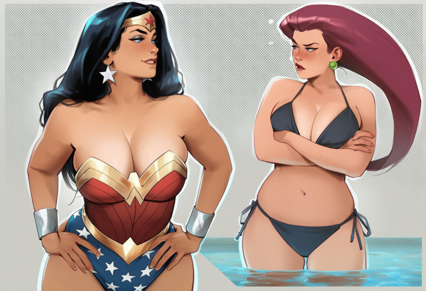 2_girls alternate_costume amazon angry bangs bare_arms bare_legs bare_shoulders big_breasts bikini black_bikini black_hair black_swimsuit blue_eyes blue_leotard blush bracer breasts brown_eyeshadow brown_lipstick cleavage collarbone couple crossed_arms crossover dc_comics diana_prince duo earrings eyeshadow female/female female_only gold_jewelry green_earrings grey_background grey_eyeshadow grin half-closed_eyes hands_on_hips heroine highleg highleg_leotard jessie_(pokemon) jewelry justice_league justice_league_unlimited legs leotard lips lipstick long_hair looking_at_another looking_to_the_side love makeup midriff multicolored_clothes multicolored_leotard multiple_girls mutual_yuri naughty_face navel neck nintendo open_mouth parted_bangs parted_lips phophopho pokemon pokemon_(anime) pool red_hair red_leotard red_lipstick romantic romantic_couple seducing seductive seductive_smile serious side-tie_bikini silver_bracer silver_earrings silver_jewelry smile sphere sphere_earrings standing star star_(symbol) star_earrings star_print straight_hair strapless strapless_leotard superhero_costume superheroine sweat sweatdrop swimsuit team_rocket themysciran thick_eyebrows thighs tiara two-tone_leotard very_long_hair villainess water wet wet_body wonder_woman wonder_woman_(series) yuri