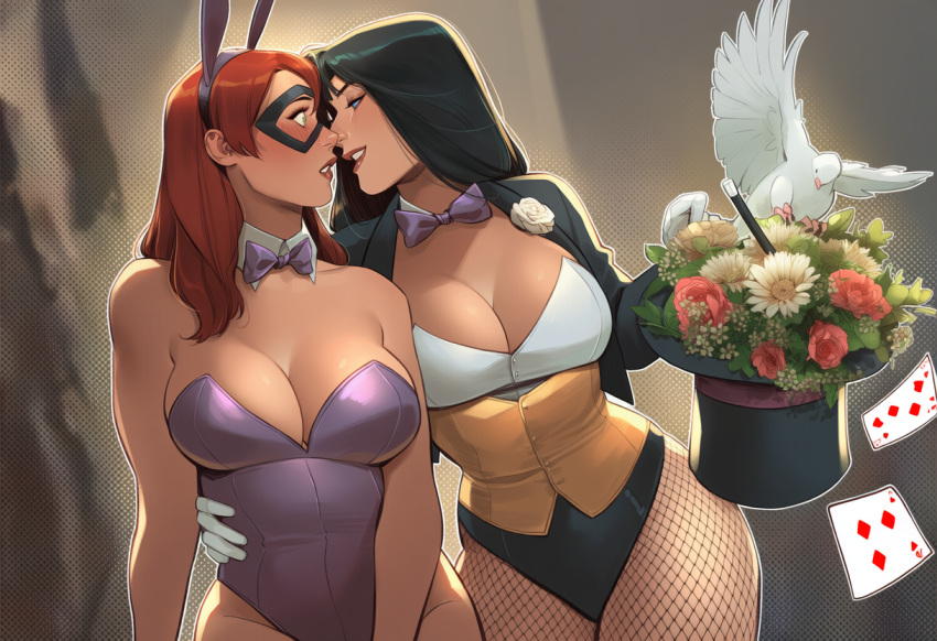 2_girls alternate_costume animal animal_ears arms_at_sides assistant bangs barbara_gordon bare_arms bare_shoulders batgirl batman_(series) big_breasts bird black_hair black_hat black_jacket black_leotard black_mask blue_eyes blush bouquet bow bowtie breasts bunny_ears bunny_girl bunnysuit card cleavage couple dc_comics detached_collar domino_mask dove duo embarrassed eye_contact eyeshadow fake_animal_ears female/female female_only fishnet_legwear fishnet_pantyhose fishnets flower gloves green_eyes grin half-closed_eyes hand_on_another's_hip hand_up hat hat_removed headwear heroine hugging incipient_kiss jacket justice_league justice_league_unlimited legs legs_together legwear leotard lips lipstick long_hair long_sleeves looking_at_another love magic magic_show magician makeup mask multicolored_clothes multicolored_leotard multiple_girls mutual_yuri naughty_face neck open_clothes open_jacket pantyhose parted_bangs parted_lips phophopho pigeon pink_flower playboy_bunny playboy_bunny_leotard poker poker_card purple_bow purple_bowtie purple_bunny_ears purple_leotard red_hair red_lipstick romantic romantic_couple shy smile standing straight_hair strapless strapless_leotard superhero_costume superheroine surprised thick_thighs thighs top_hat two-tone_leotard white_flower white_gloves white_leotard yuri zatanna zatanna_zatara