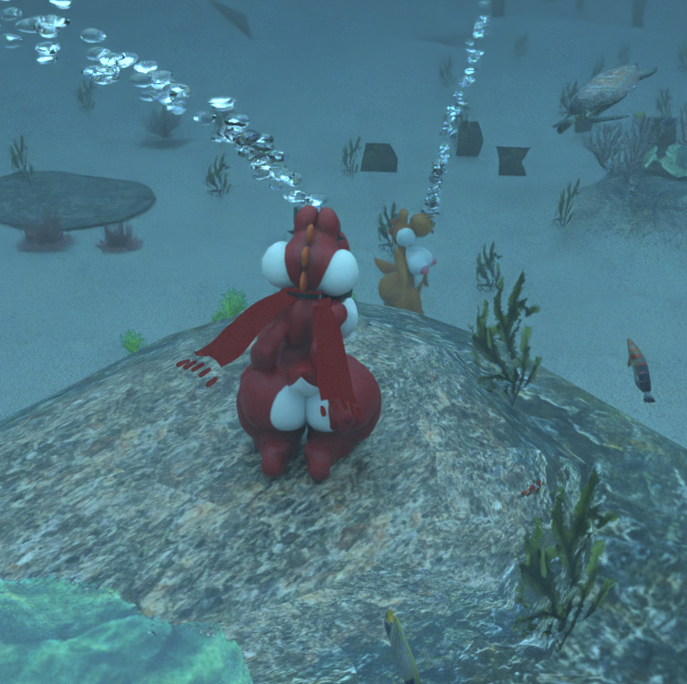 2girls aquaphilia ass breasts bubbles female mario_(series) nintendo nude orange_yoshi original_characters puffy_cheeks red_yoshi spying underwater yoshi zantzusui