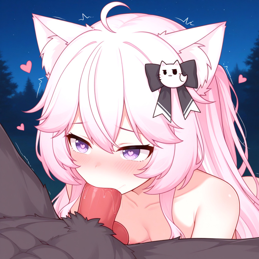 1boy 1girls 1monster ai_generated black_bow blush bow breasts cat_ears catgirl deepthroat fellatio hairbow heart heart-shaped_pupils heart_eyes interspecies long_hair male_werewolf medium_breasts naked_female night nipples nude nude nude_female nyatasha_nyanners oral oral_sex outside penis_in_mouth pink_hair purple_eyes saliva_on_penis virtual_youtuber vtuber werewolf werewolf_on_female