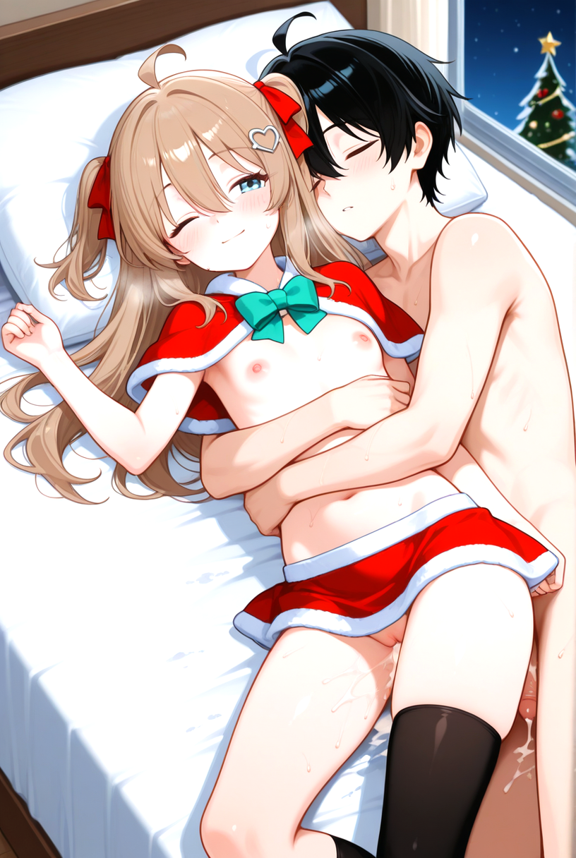 1boy 1girls after_sex ai_generated bedroom black_sock black_stocking blue_eyes blush bow breasts brown_hair capelet christmas cum_in_pussy cum_leaking cum_leaking_out_of_penis cum_leaking_out_of_pussy cum_on_penis cum_on_thigh flaccid_penis hair_ribbons heart_hair_ornament hugging in_bed indie_virtual_youtuber indie_vtuber long_hair male_sleeping miniskirt naked_male neuro-sama night nipples nude nude nude_male one_eye_closed partially_clothed penis pussy pussy red_ribbons ribbons santa_capelet santa_skirt skirt small_breasts smile sock stocking turquoise_bow twin_tails virtual_youtuber vtuber