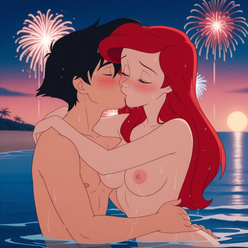 1boy 1girls ai_generated ariel_(the_little_mermaid) beach big_breasts blush breasts closed_eyes disney disney_princess fireworks hugging in_water kissing long_hair naked_female naked_male night night_sky nipples nude nude nude_female nude_male outside red_hair the_little_mermaid_(1989_film) wet