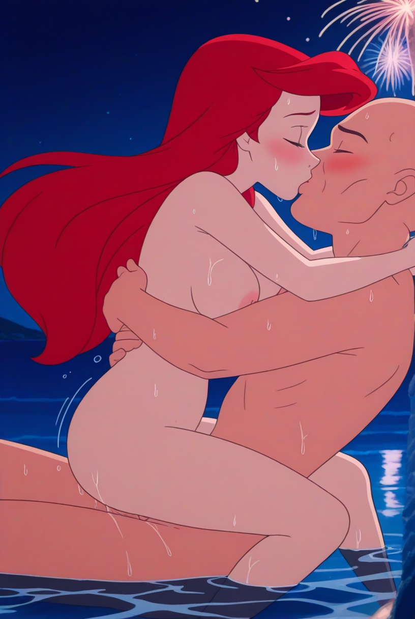 1boy 1girls ai_generated ariel_(the_little_mermaid) bald_male beach big_breasts blush breasts closed_eyes disney disney_princess fireworks hugging in_water kissing long_hair naked_female naked_male night night_sky nipples nude nude nude_female nude_male outside penis_in_pussy red_hair sex the_little_mermaid the_little_mermaid_(1989_film) upright_straddle vaginal_penetration wet