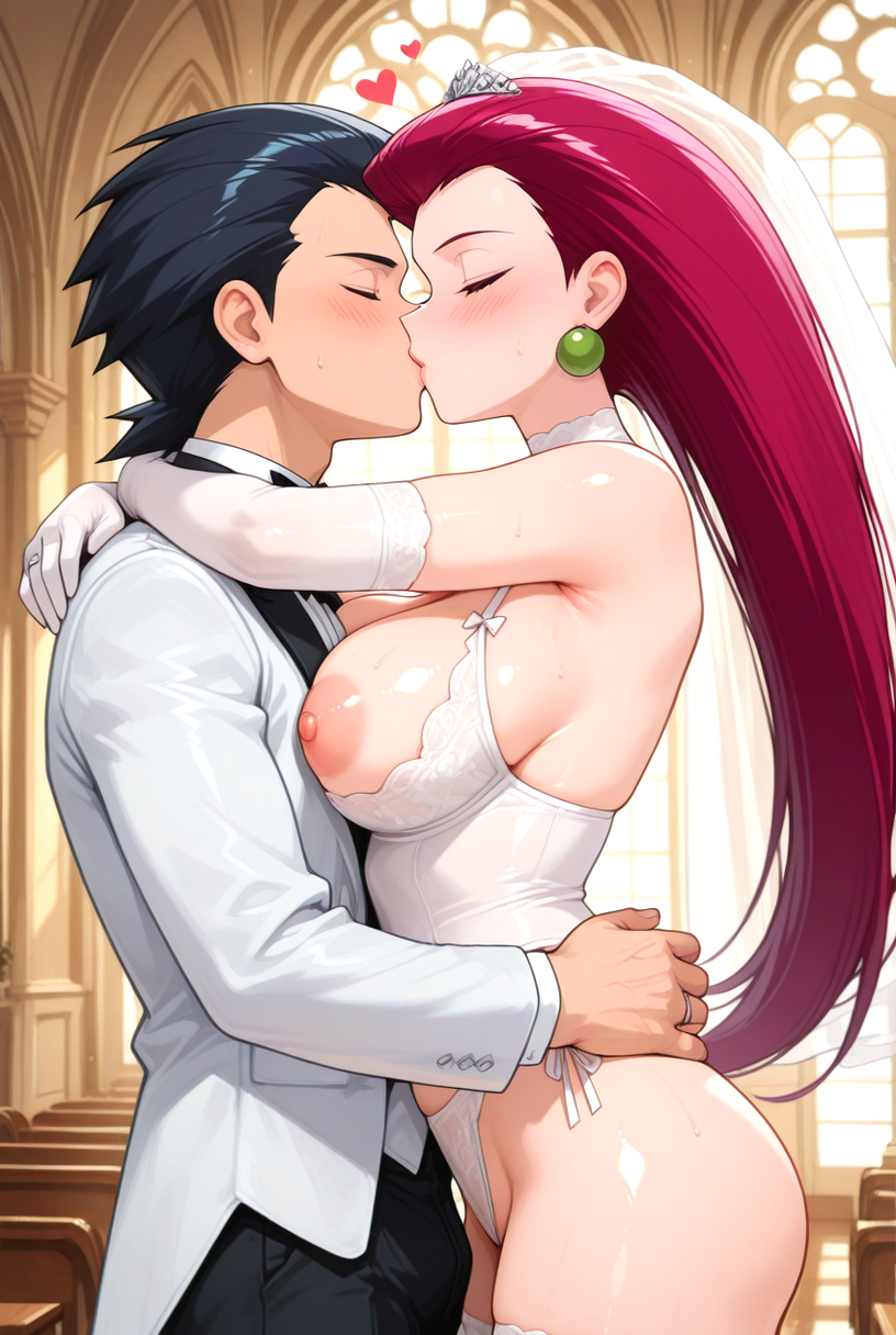1boy 1girls ai_generated blush breasts breasts_out church closed_eyes earrings heart hugging jessie_(pokemon) large_breasts long_hair nintendo nipples penis_bulge pokemon red_hair tuxedo wedding wedding_gloves wedding_lingerie wedding_ring wedding_tiara wedding_veil