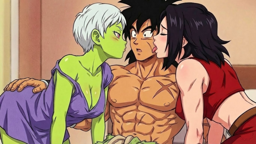 1boy 2_girls abs all_fours alternate_costume alternate_hairstyle bangs bare_arms bare_shoulders belt big_breasts black_eyes black_hair blush breasts broly broly_(dragon_ball_super) brown_belt cheelai cleavage closed_eyes collarbone dragon_ball dragon_ball_super dragon_ball_super_(the_movie_of_broly) dragon_ball_super_broly dress green_skin hair_between_eyes hair_down half-closed_eyes hetero incipient_kiss indoors kale licking long_hair looking_at_another looking_at_viewer love medium_breasts midriff mrfluffypotato multiple_girls muscle muscle muscular muscular_male naughty_face neck nightgown nipples off_shoulder open_mouth parted_bangs pink_eyes purple_dress purple_nightgown red_shirt romantic romantic_trio saiyan saiyan_girl scar shirt short_dress short_hair sitting sleeveless sleeveless_shirt smile strap_slip surprised thick_eyebrows toei_animation tongue tongue_out trío white_hair