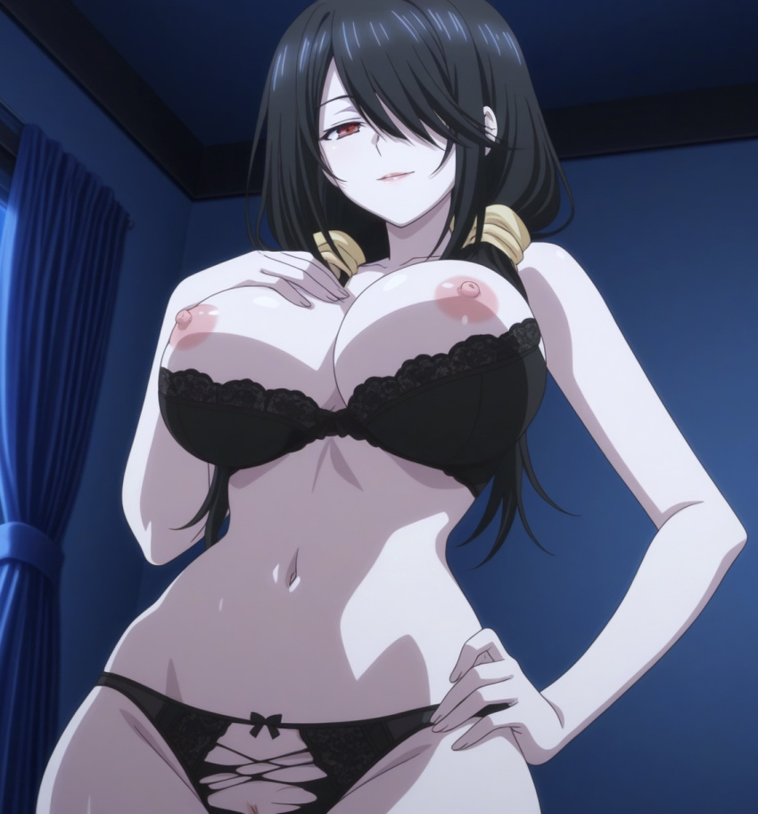 1girl 1girls ai_generated bed bedroom big_breasts black_bra black_hair black_panties bra bra_and_panties bra_down breasts breasts_out date_a_live hair_over_one_eye hand_on_chest hand_on_hip hand_on_own_chest hand_on_own_hip long_hair low_twintails night nipples panties red_eye ripped_panties seductive_eyes seductive_look seductive_smile smile solo_female tokisaki_kurumi
